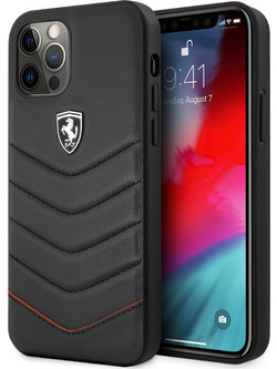 Ferrari Off Track Quilted Leather Case Θήκη προστασίας από γνήσιο καπιτονέ δέρμα - iPhone 12 Pro Max (Μαύρη/Quilted Leather/3D Logo)
