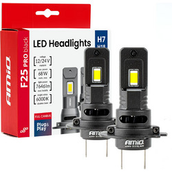 Amio - Λαμπτήρες Led F25 Pro Black Edition H7 68W 12-24V Full Can Bus Με Φωτεινότητα 7646lm Σε Ψυχρό Λευκό 6000K Για Επιβατικά Αυτοκίνητα & Φορτηγά - Σετ 2 τεμ. (04720/AM)