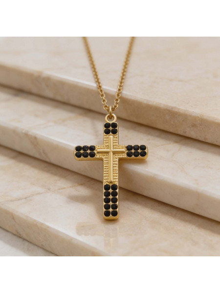 Gold Cross Necklace with Black Zircons