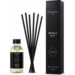 390051/FRE Fresso - Κιτ Αναπλήρωσης με Άρωμα Amora 100 ml Premium Home Refill Kit και 6 Μαύρα Στικ από Fiberglass για Αρωματικό Χώρου Reed Diffuser - 1 Τεμ. (390051/FRE)