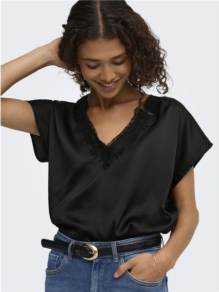 Γυναικεία Σατέν Μπλούζα με Δαντέλα, JDYFIFI S/S V-NECK TOP, JDY