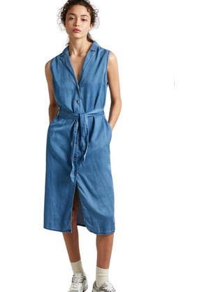 Pepe Jeans Midi Καλοκαιρινό Καθημερινό Φόρεμα Σεμιζιέ Μπλε PL953512-000