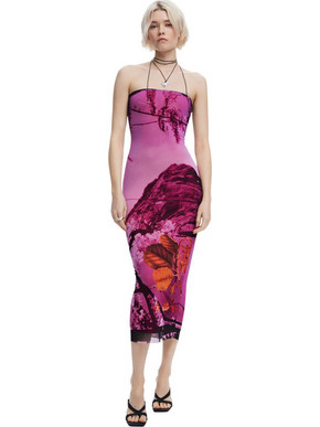 Desigual Lakecomo Midi Καλοκαιρινό Βραδινό Φόρεμα Φούξια 25SWVK39-3184