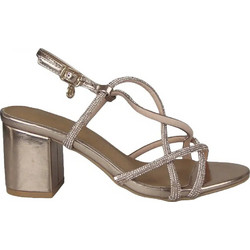 Envie Shoes Γυναικεία Πέδιλα Ροζ Χρυσά με Χοντρό Ψηλό Τακούνι και Στρας E37-21113-13