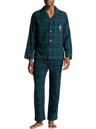 Polo Ralph Lauren Χειμωνιάτικες Ανδρικές Πιτζάμες Βαμβακερές Καρό με Κουμπιά Χακί 714915985-002