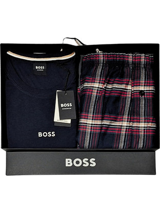 Hugo Boss Χειμωνιάτικες Ανδρικές Πιτζάμες Βαμβακερές Καρό Navy Μπλε 50550777-403