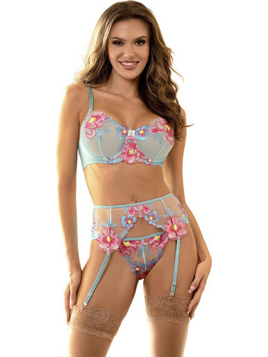 Subblime Σετ Sexy Εσώρουχα See Through με Δαντέλα & Ζαρτιέρες Γαλάζια Φούξια D-242929