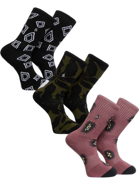 Volcom Ανδρικές Κάλτσες Ψηλές με Σχέδια Μαύρες Μπορντό 3Pack D6312614-MLT