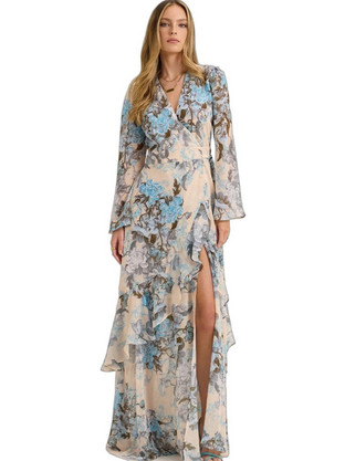 Enzzo Rodney Maxi Φόρεμα για Γάμο / Βάπτιση Floral Κρουαζέ Μπεζ 261195
