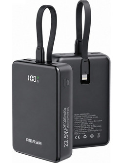 Amaya APB-F230C Power Bank 20000mAh 22.5W με Ενσωματωμένα Καλώδια USB-C & Lightning Black