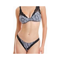 Walk Γυναικείο String με Δαντέλα Μαύρο Γκρι W2041-202