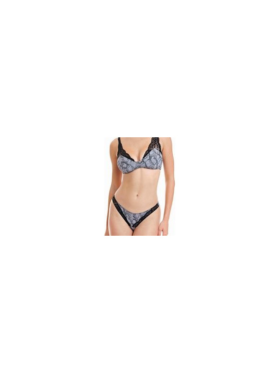 Walk Γυναικείο String με Δαντέλα Μαύρο Γκρι W2041-202