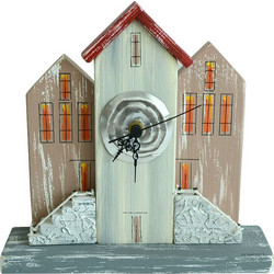 Χειροποίητο Ξύλινο Επιτραπέζιο Ρολόι 24x23x7 KWood Art 1108 Τρία Σπίτια Με Τριγωνική Σκεπή
