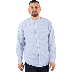 Double Ανδρικό Πουκάμισο Λινό Ριγέ Μακρυμάνικο Slim Fit με Mao Γιακά Γαλάζιο GS-533
