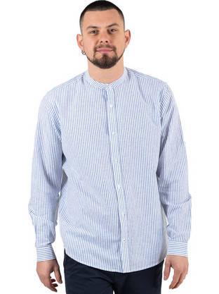Double Ανδρικό Πουκάμισο Λινό Ριγέ Μακρυμάνικο Slim Fit με Mao Γιακά Γαλάζιο GS-533
