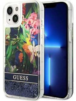 Guess Flower Liquid Glitter Θήκη Back Cover Blue (iPhone 14 Plus)