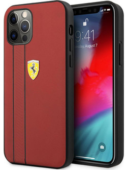 Ferrari Debossed Stripes & Black Lines Leather Case Red (iPhone 12 Pro Max)