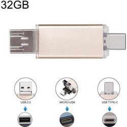 32GB 3 in 1 USB-C / Type-C + USB 2.0 + OTG Flash Disk, For Type-C Smartphones & PC Computer (Gold) (OEM)