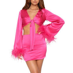 MELANY Σατέν σετ loungewear με εφαρμοστή φούστα και μπουστάκι με πούπουλα στα μανίκια ΦΟΥΞΙΑ