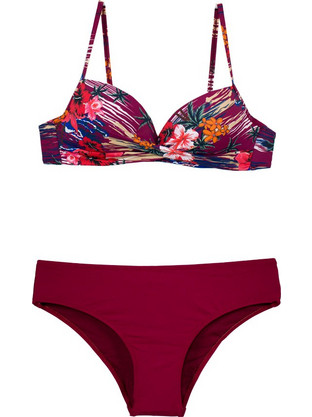 Γυναικείο μαγιό bikini ντραπέ με μπανέλα φλοράλ μπορντό S24