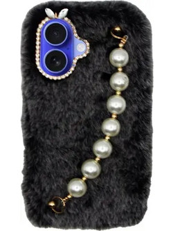 Vivid Fluffy Plush Case With Pearl Chain Apple Iphone 16 Grey/Black - (CS-Fr HLD-6-2409001)