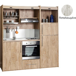 Πολυκουζίνα mini kitchen 190cm με μεγάλο ψυγείο & μεγάλο φούρνο απόχρωση πεπαλαιωμένου για γραφεία, studios & καταλύματα airbnb