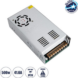 GloboStar(R) 73038 Μεταλλικό Τροφοδοτικό PELV για Προϊόντα LED 500W 41.6A - AC 220-240V σε DC 12V - IP20 Μ21 x Π11 x Υ5cm