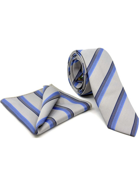 Ασημί-Μπλε Ριγέ Γραβάτα Microfiber Σετ με Μαντήλι 6,5 cm