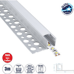 GLOBOSTAR(R) ALP-PLASTERIN GYPSO 70834-3M Χωνευτό Τερματικό Προφίλ Αλουμινίου Ειδικό για Γυψοσανίδα με Λευκό Γαλακτερό Πατητό Κάλυμμα για Ταινίες LED IP20 - Ασημί & Λευκό - Μ300 x Π3.3 x Υ1.5cm - Πακέ
