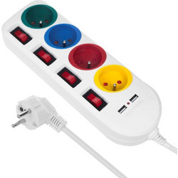 Maclean power strip, extender 4 sockets + 2xUSB, with switches, 250VAC/10A, 2.1A 5V, 1.5m, white, MCE229 W MCE229W