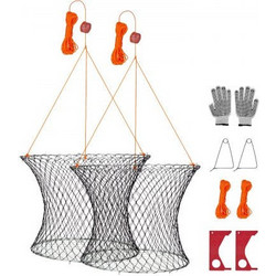 VEVOR Double Ring Crab Trap, 60 cm Top, 50 cm Bottom, Two Rings Crab Kit, Foldable Fishing Net with Gauge, 60 ft Rope, Wire Grid Bottom, Rock and Blue Crab, Dock & Pier Crabbing, 2 Set