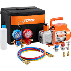 VEVOR Αντλία Κενού AC 217 L/min(3,5 CFM) και Σετ Μανόμετρων, Μονοβάθμια Περιστροφική Αντλία Κενού HVAC, Κιτ Μανόμετρων Ψυκτικού Μέσου A/C, με Εύκαμπτους Σωλήνες, για Ψυκτικά Μέσα R134a, R12, R22, R502