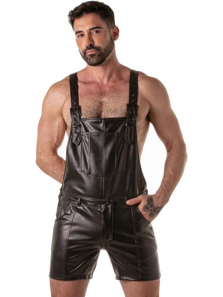LOCKER GEAR - PUNCH HOLE LEATHERETTE SHORT OVERALLS BLACK