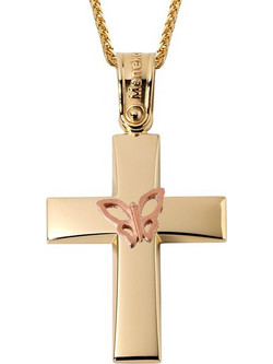 Σταυρός γυναικείος σε χρυσό Κ14 με πεταλούδα σε ρόζ χρυσό Κ14 ST_231G