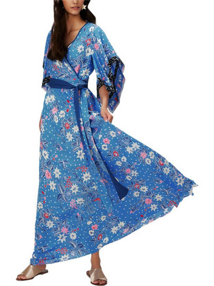 Diane Von Furstenberg Maxi Βραδινό Φόρεμα Floral Κρουαζέ Μπλε DVFDW4R009CBBBU-C2103