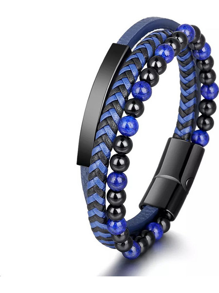 Legend Accessories Ανδρικό Βραχιόλι Χειροπέδα από Δέρμα & Ατσάλι με Χάντρες LGD-BR-2041