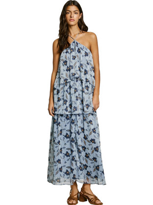 Pepe Jeans Elizabeth Maxi Καλοκαιρινό Βραδινό Φόρεμα Floral Γαλάζιο PL953690-563