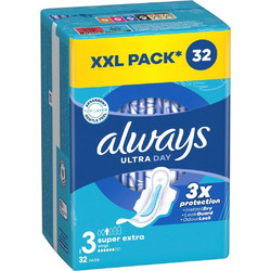 Always Ultra Day Super Extra Μέγεθος 3 Σερβιέτες με Φτερά για Αυξημένη Ροή 6 Σταγόνες 32τμχ