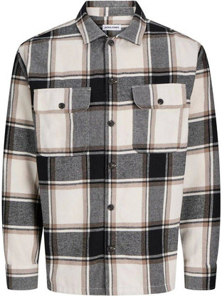Jack & Jones Ανδρικό Πουκάμισο Βαμβακερό Μακρυμάνικο Κανονική Γραμμή Overshirt Μαύρο Μπεζ 12278969