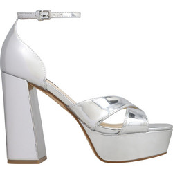 Nine West VICKY3 Γυναικεία Πέδιλα Δερμάτινα Ασημί Λευκά με Χοντρό Ψηλό Τακούνι και Φιάπα