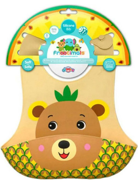 Frootimals Tropibear Αδιάβροχη Σαλιάρα Σιλικόνης με Κουμπί & Τσέπη 6m+ Μπεζ
