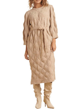 Smashed Lemon Midi Καθημερινό Φόρεμα Πλεκτό Μπεζ 25501-735
