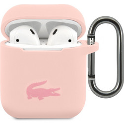 Lacoste Liquid Silicone Glossy Printing Logo Θήκη Σιλικόνης με Γάντζο για Apple AirPods 1 / 2 Ροζ