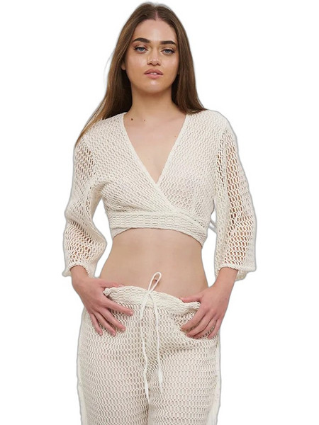 Inart Ble Καλοκαιρινό Γυναικείο Σύνολο Crop Top & Παντελόνι Λευκό 5-41-648-0037