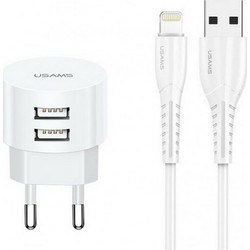 Usams T20 Φορτιστής με Καλώδιο Lightning με 2 Θύρες USB-A 10W White