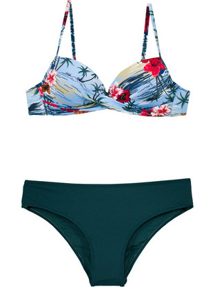 Γυναικείο μαγιό bikini ντραπέ με μπανέλα φλοράλ πετρόλ S24