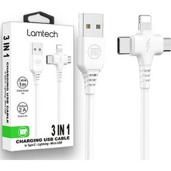 Lamtech 3 In 1 Charging USB Cable To Type-C/Lightning/Micro USB 1m White