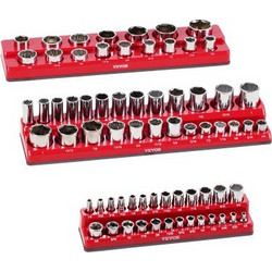 VEVOR Magnetic Socket Organizer Set, 3PCS Magnetic Socket Holder, 1/4'' 3/8'' & 1/2'' SAE Socket Trays with Clear Labels, Hold to 68PCS Standard & Deep Sockets, Red (Δεν περιλαμβάνονται οι πρίζες)