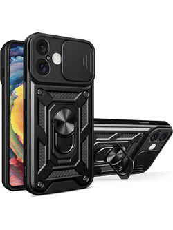 Hybrid Armor Camshield iPhone 16 Armored Case with Camera Cover and Stand - Black