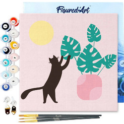 Figured'Art Καμβάς Ζωγραφικής με Αριθμούς - Cat Plays with Monstera 20x20cm